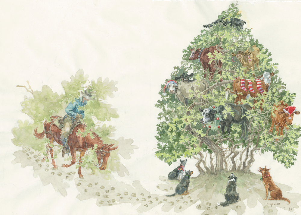 Barbara East Christmas card of cows in a tree with dogs on the ground