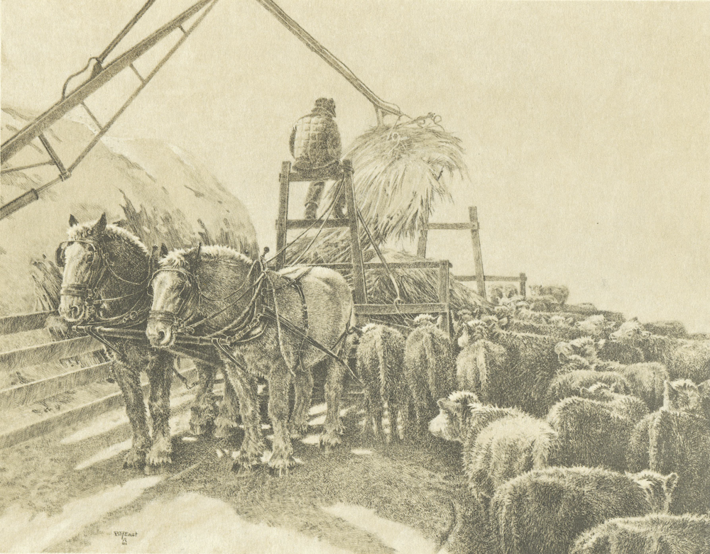 Barbara East art of horses on a sled