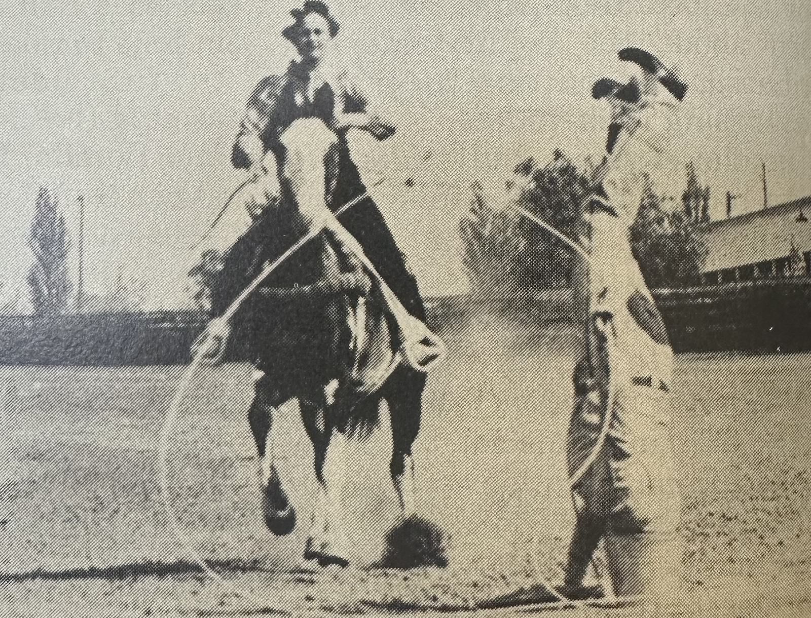 Frank Dean making a horse catch the hard way ... with his head in a bucket while trick riding