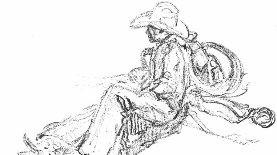 sketch of a cowboy sitting with a rope. Sketch by cowboy artist, Teal Black