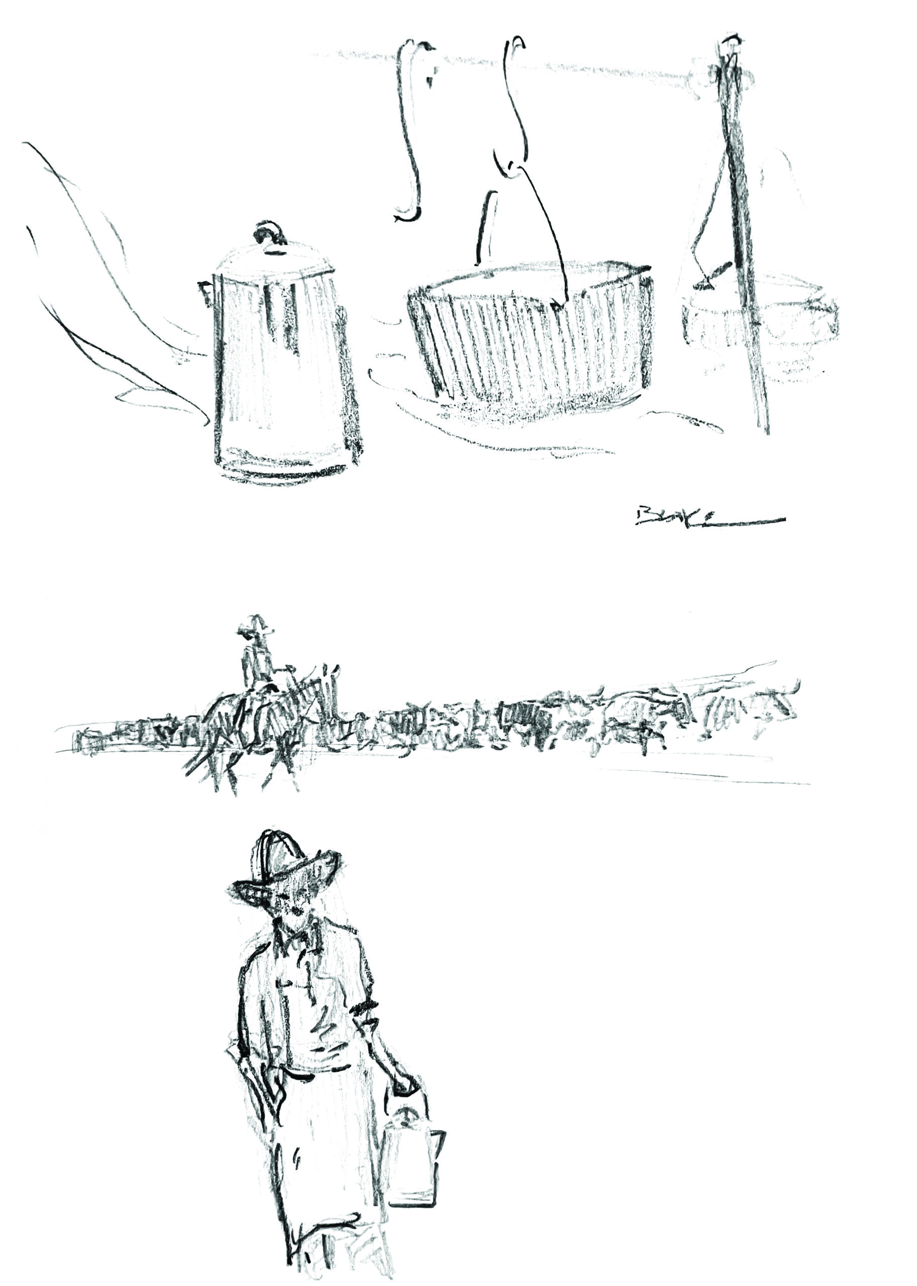 Teal Blake sketch of camp cooks for his piece worst camp cooks