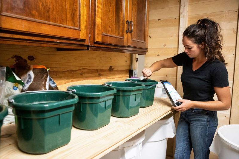 girl filling up four green buckets with supplements for horses