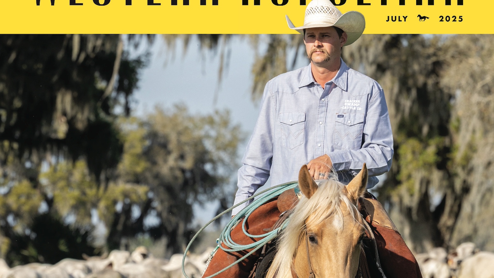 Jody Counts of Cracker Swamp Cattle Company, riding home-bred and -raised Quarter Horse, "Sonny" (CSC Ol Son), in front of registered purebred Brahman, oak trees and Spanish moss in Palatka, Florida.