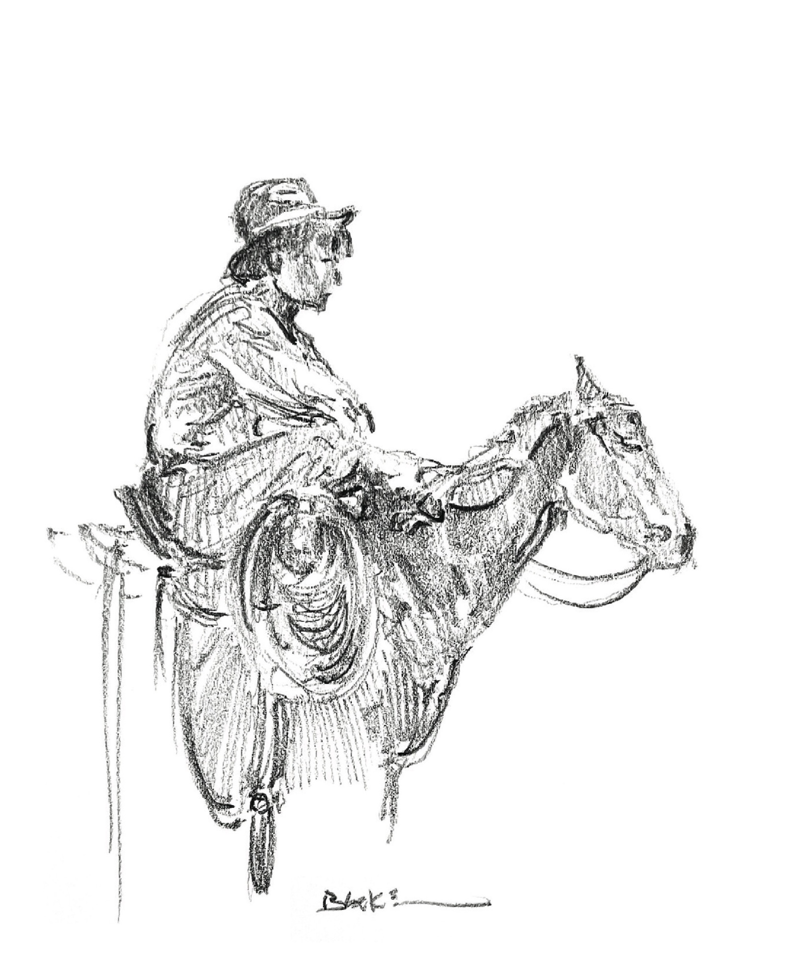 Teal Blake sketch of a man on the back of a horse