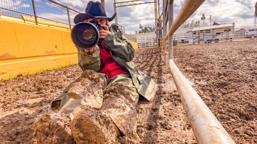 Crystal Amen shooting a rodeo in the mud