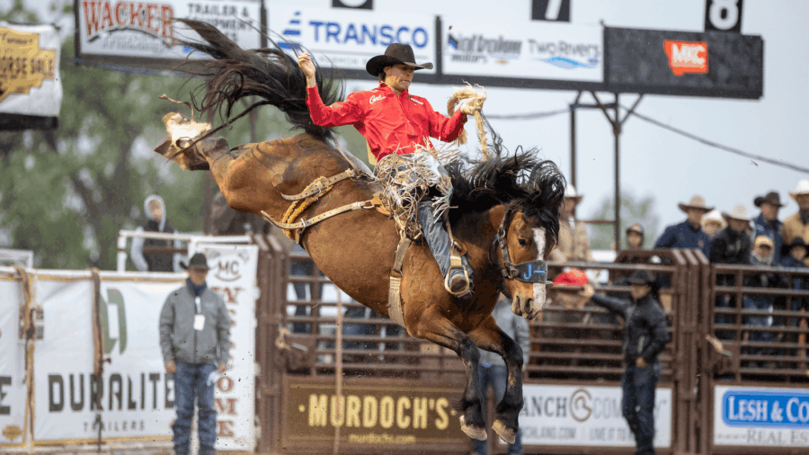 Resistol Rookie Gus Gaillard during the short rounf at 2025 MCBHS Xtreme Broncs. Photo by Kristen Schurr